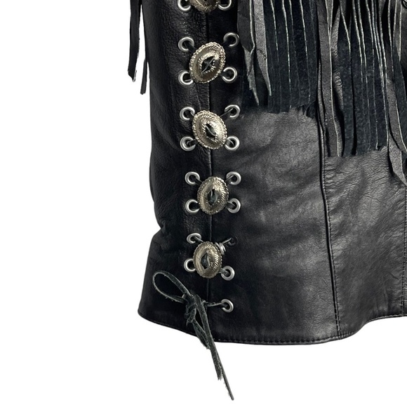 VINTAGE ALCATRAZ BLACK LEATHER FRINGE BRAIDED CONCHO ZIP ROCKSTAR LEATHER JACKET - Picture 13 of 17